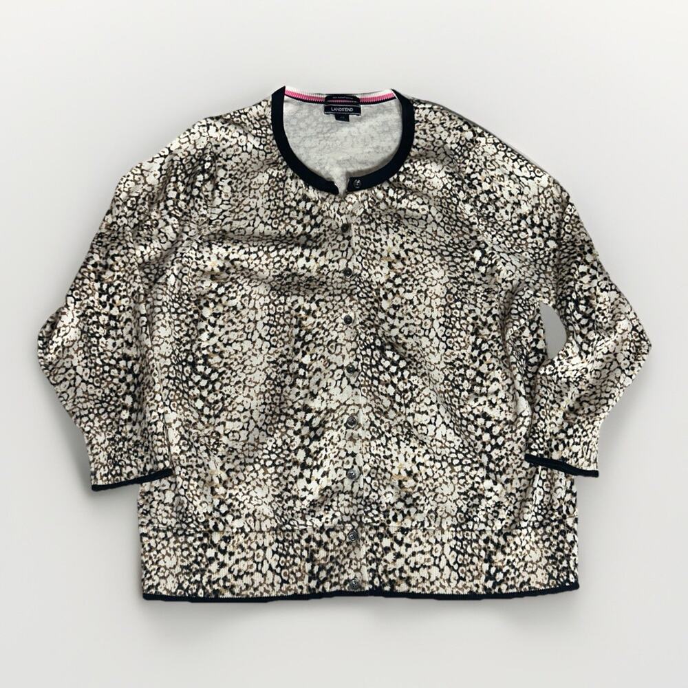 Lands’ End Women’s Supima Cotton Leopard Print Cardigan Sweater 2X 20W-22W